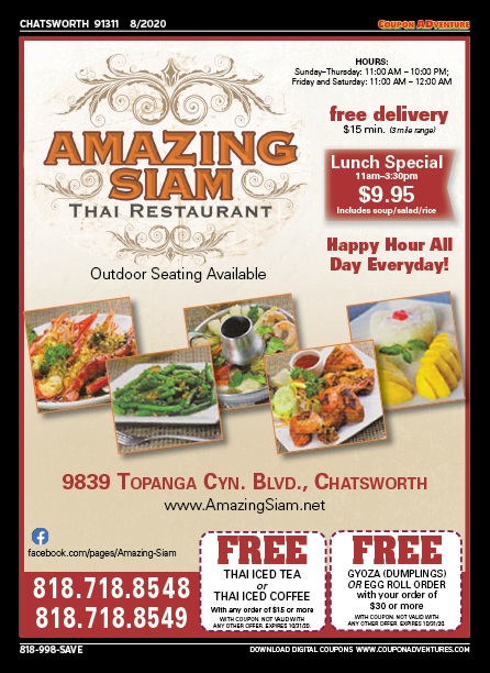 Amazing Siam Thai Restaurant, Chatsworth, coupons, direct mail, discounts, marketing, Southern California