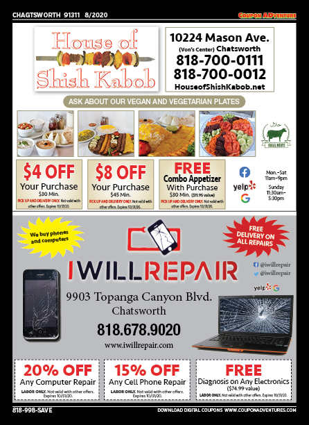 House of Shish Kabob, I Will Repair, Chatsworth, coupons, direct mail, discounts, marketing, Southern California