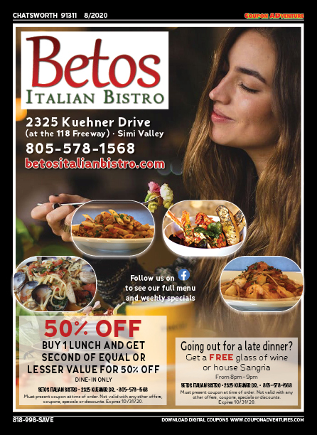 Betos Italian Bistro, Chatsworth, coupons, direct mail, discounts, marketing, Southern California