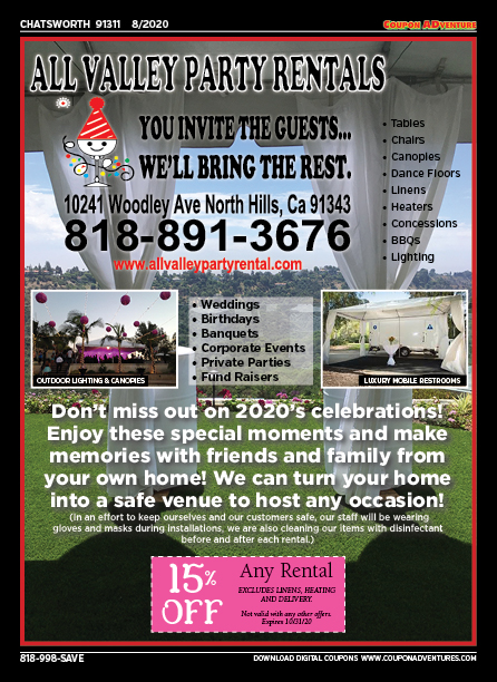 All Valley Party Rentals, Chatsworth, coupons, direct mail, discounts, marketing, Southern California