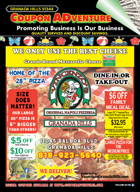 Vincenzo' Original Napoli Pizzeria, Granada Hills, coupons, direct mail, discounts, marketing, Southern California