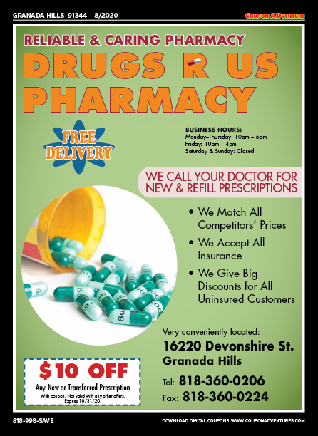 Drugs R Us Pharmacy, Granada Hills, coupons, direct mail, discounts, marketing, Southern California