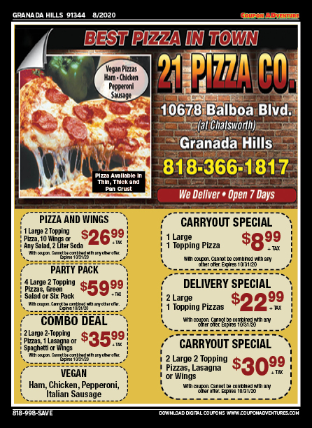 21 Pizza Co., Granada Hills, coupons, direct mail, discounts, marketing, Southern California