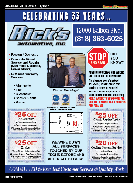 Rick's Automotive, Granada Hills, coupons, direct mail, discounts, marketing, Southern California