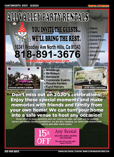 Alll Valley Party Rentals, Granada Hills, coupons, direct mail, discounts, marketing, Southern California