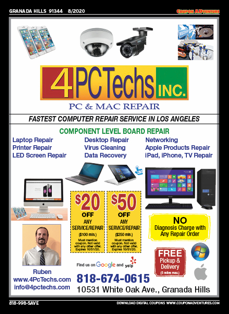 4 PC Techs, Granada Hills, coupons, direct mail, discounts, marketing, Southern California