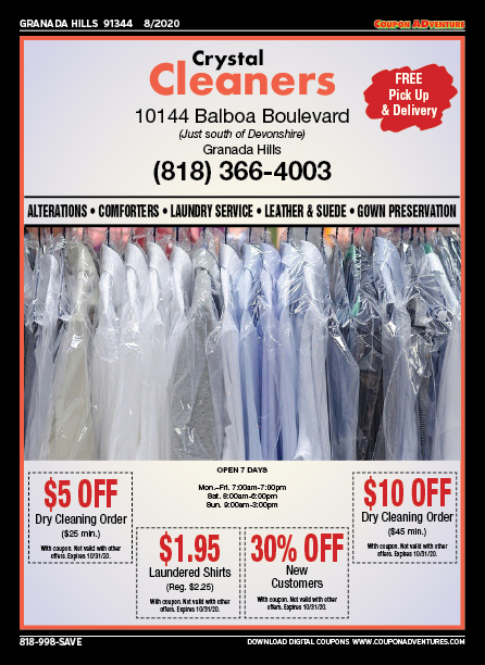 Crystal Cleaners, Granada Hills, coupons, direct mail, discounts, marketing, Southern California