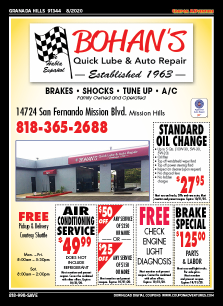 Bohan's Quick Lube & Auto Repair, Granada Hills, coupons, direct mail, discounts, marketing, Southern California