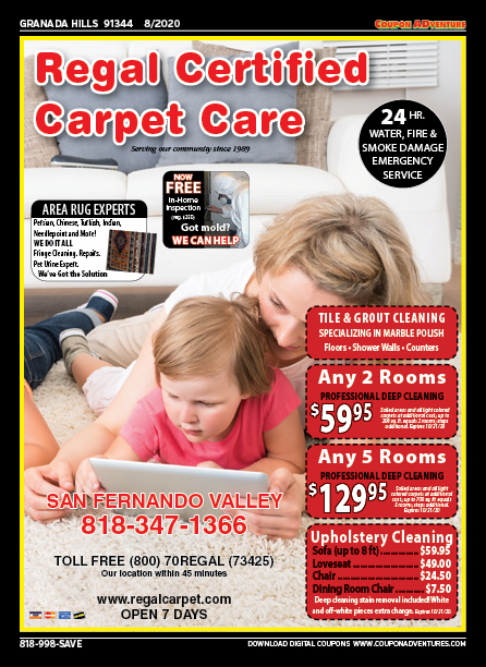 Regal Certified Carpet Care, Granada Hills, coupons, direct mail, discounts, marketing, Southern California