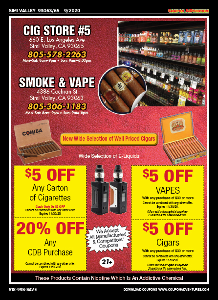 Cig. Store #5, Smoke & Vape, Simi Valley, coupons, direct mail, discounts, marketing, Southern California