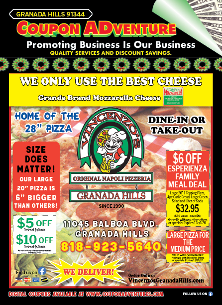 Vincenzo's Original Napoli Pizzeria, Granada Hills, coupons, direct mail, discounts, marketing, Southern California