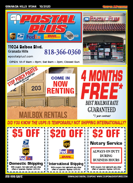 Postal Plus, Granada Hills, coupons, direct mail, discounts, marketing, Southern California