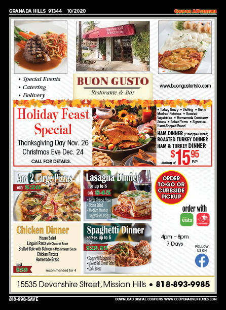 Buon Gusto Ristorante & Bar, Granada Hills, coupons, direct mail, discounts, marketing, Southern California