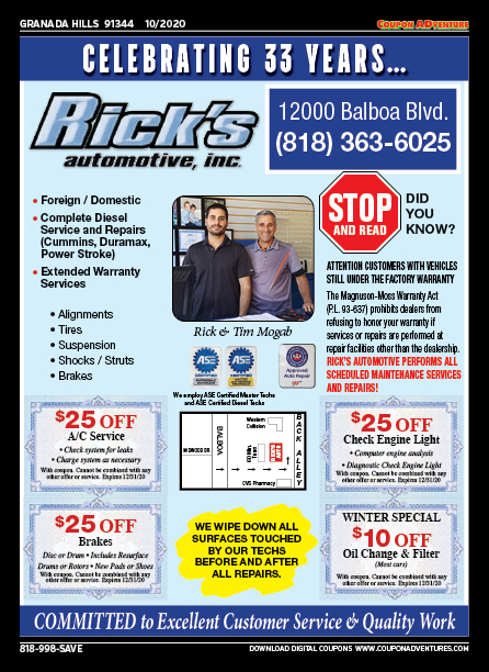 Rick's Automotive Inc., Granada Hills, coupons, direct mail, discounts, marketing, Southern California