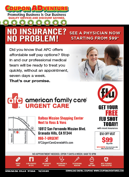 American Family Care Urgent Care, Granada Hills, coupons, direct mail, discounts, marketing, Southern California