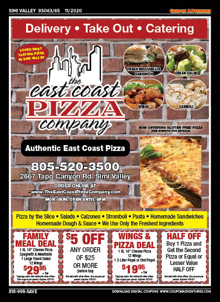 The East Coast Pizza Company, Simi Valley, coupons, direct mail, discounts, marketing, Southern California