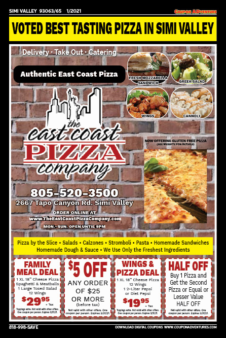 The East Coast Pizza Company, Simi Valley, coupons, direct mail, discounts, marketing, Southern California