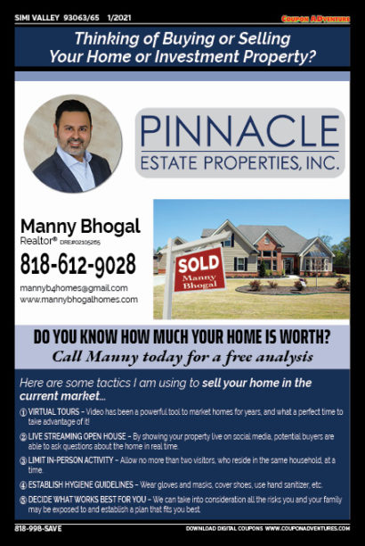 Manny Bhogal Realtor, Pinnacle Estate Properties, Simi Valley, coupons, direct mail, discounts, marketing, Southern California