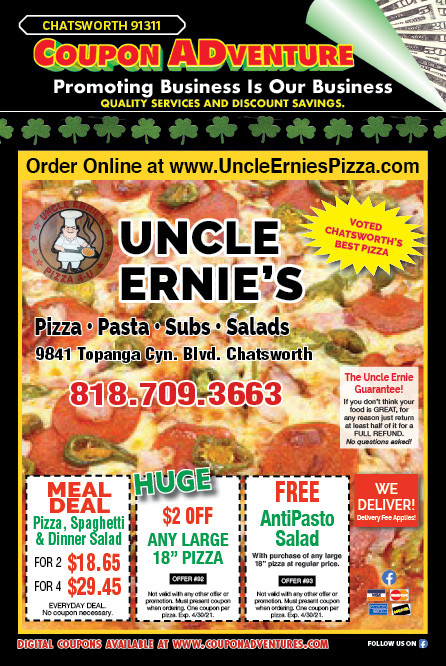 Uncle Ernie's Pizza, Chatsworth, coupons, direct mail, discounts, marketing, Southern California