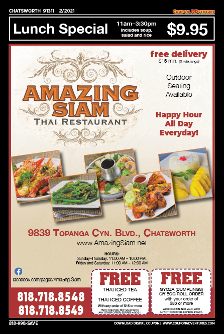 Amazing Siam, Chatsworth, coupons, direct mail, discounts, marketing, Southern California