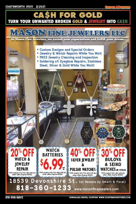 Mason Jewelers, Chatsworth, coupons, direct mail, discounts, marketing, Southern California