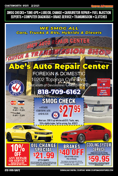 Abe's Auto Repair Center, Chatsworth, coupons, direct mail, discounts, marketing, Southern California