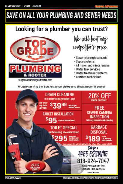 Top Grade Plumbing & Rooter, Chatsworth, coupons, direct mail, discounts, marketing, Southern California