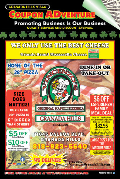 Vincenzo's Original Napoli Pizzeria, Granada Hills, coupons, direct mail, discounts, marketing, Southern California