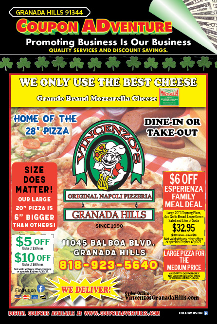 Vincenzo's Original Napoli Pizzeria, Granada Hills, coupons, direct mail, discounts, marketing, Southern California