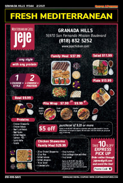 Jeje Mediterranean Grill, Granada Hills, coupons, direct mail, discounts, marketing, Southern California