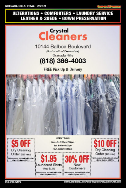 Crystal Cleaners, Granada Hills, coupons, direct mail, discounts, marketing, Southern California