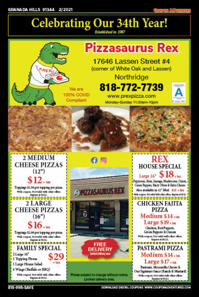 Pizzasaurus Rex, Granada Hills, coupons, direct mail, discounts, marketing, Southern California