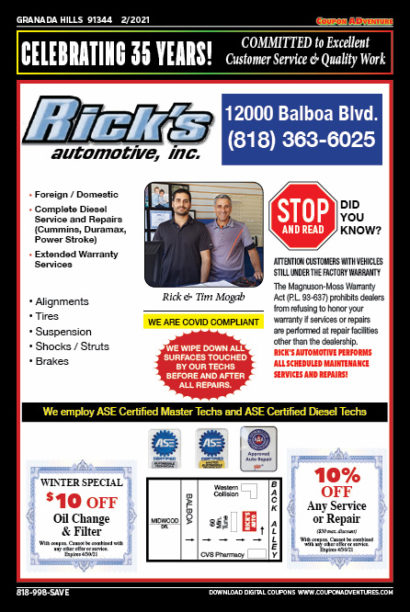 Rick's Automotive, Granada Hills, coupons, direct mail, discounts, marketing, Southern California