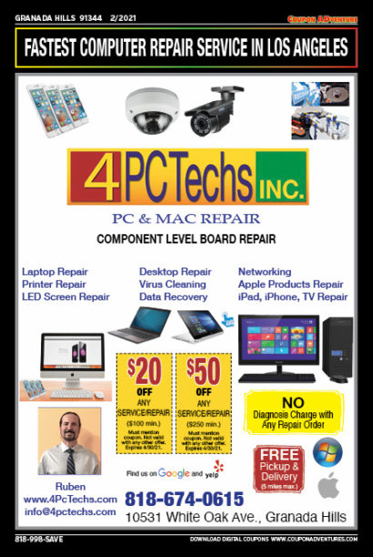 4 PC Techs, Granada Hills, coupons, direct mail, discounts, marketing, Southern California