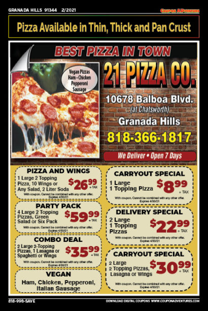 21 Pizza Co., Granada Hills, coupons, direct mail, discounts, marketing, Southern California