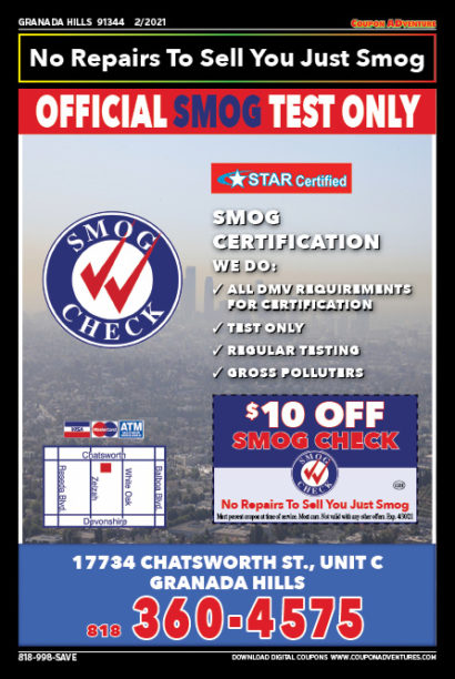 Official Smog Test Only, Granada Hills, coupons, direct mail, discounts, marketing, Southern California