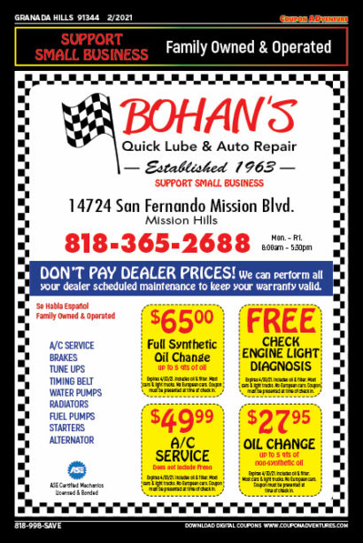 Bohan's Quick Lube & Auto Repair, Granada Hills, coupons, direct mail, discounts, marketing, Southern California