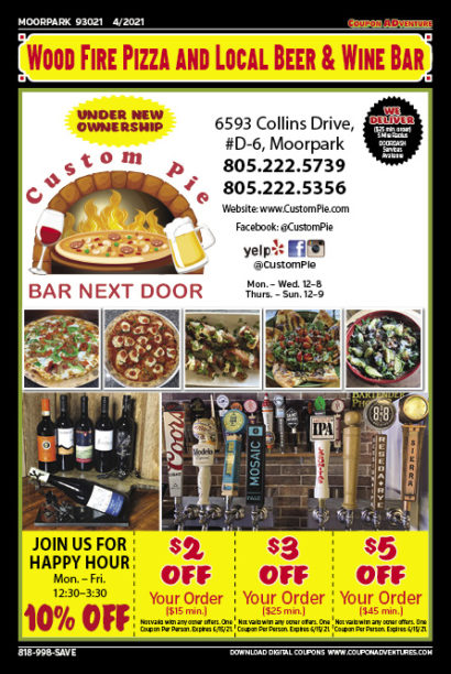 Custom Pie, Bar Next Door, Moorpark, coupons, direct mail, discounts, marketing, Southern California