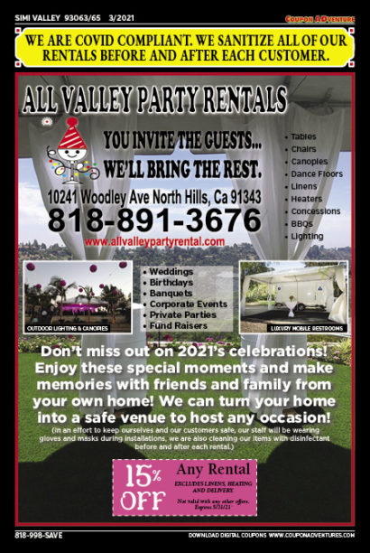 All Valley Party Rentals, Simi Valley, coupons, direct mail, discounts, marketing, Southern California