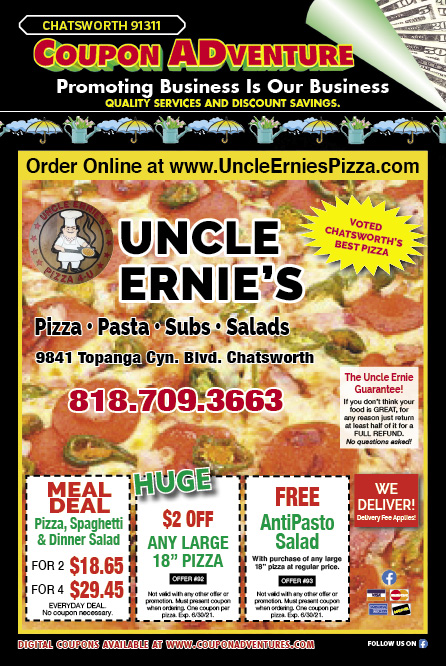 Uncle Ernie's Pizza, Chatsworth, coupons, direct mail, discounts, marketing, Southern California
