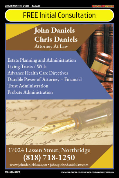 John Daniels Attornney at Law, Chatsworth, coupons, direct mail, discounts, marketing, Southern California