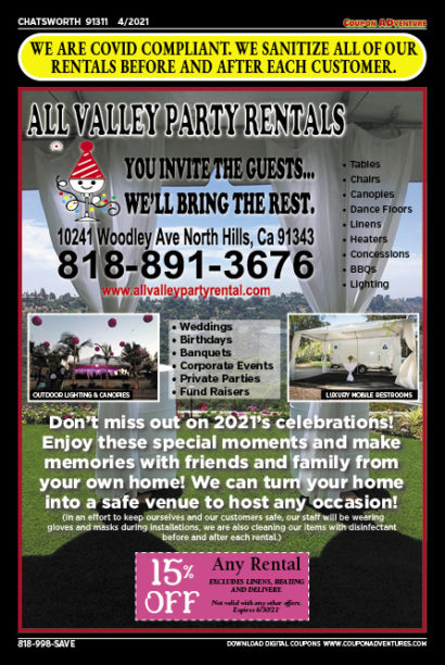 All Valley Party Rentals, Chatsworth, coupons, direct mail, discounts, marketing, Southern California
