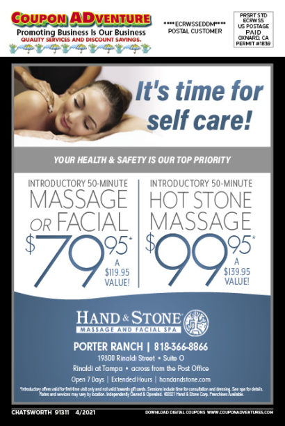 Hand & Stone Massage and Facial Spa, Chatsworth, coupons, direct mail, discounts, marketing, Southern California