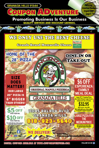 VIncenzo's Original Napoli Pizzeria, Granada Hills, coupons, direct mail, discounts, marketing, Southern California