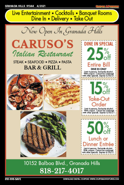 Caruso's Italian Restaurant, Granada Hills, coupons, direct mail, discounts, marketing, Southern California