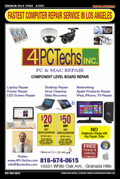 4 PC Techs Inc., Granada Hills, coupons, direct mail, discounts, marketing, Southern California