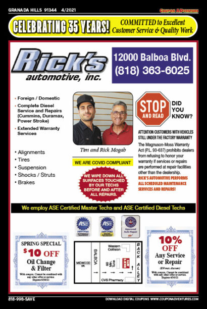 Rick's Automotive, Granada Hills, coupons, direct mail, discounts, marketing, Southern California