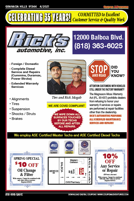 Rick's Automotive, Granada Hills, coupons, direct mail, discounts, marketing, Southern California