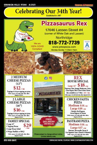 Pizasaurus Rex, Granada Hills, coupons, direct mail, discounts, marketing, Southern California