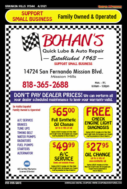 Bohan's Quick Lube & Auto Repair, Granada Hills, coupons, direct mail, discounts, marketing, Southern California